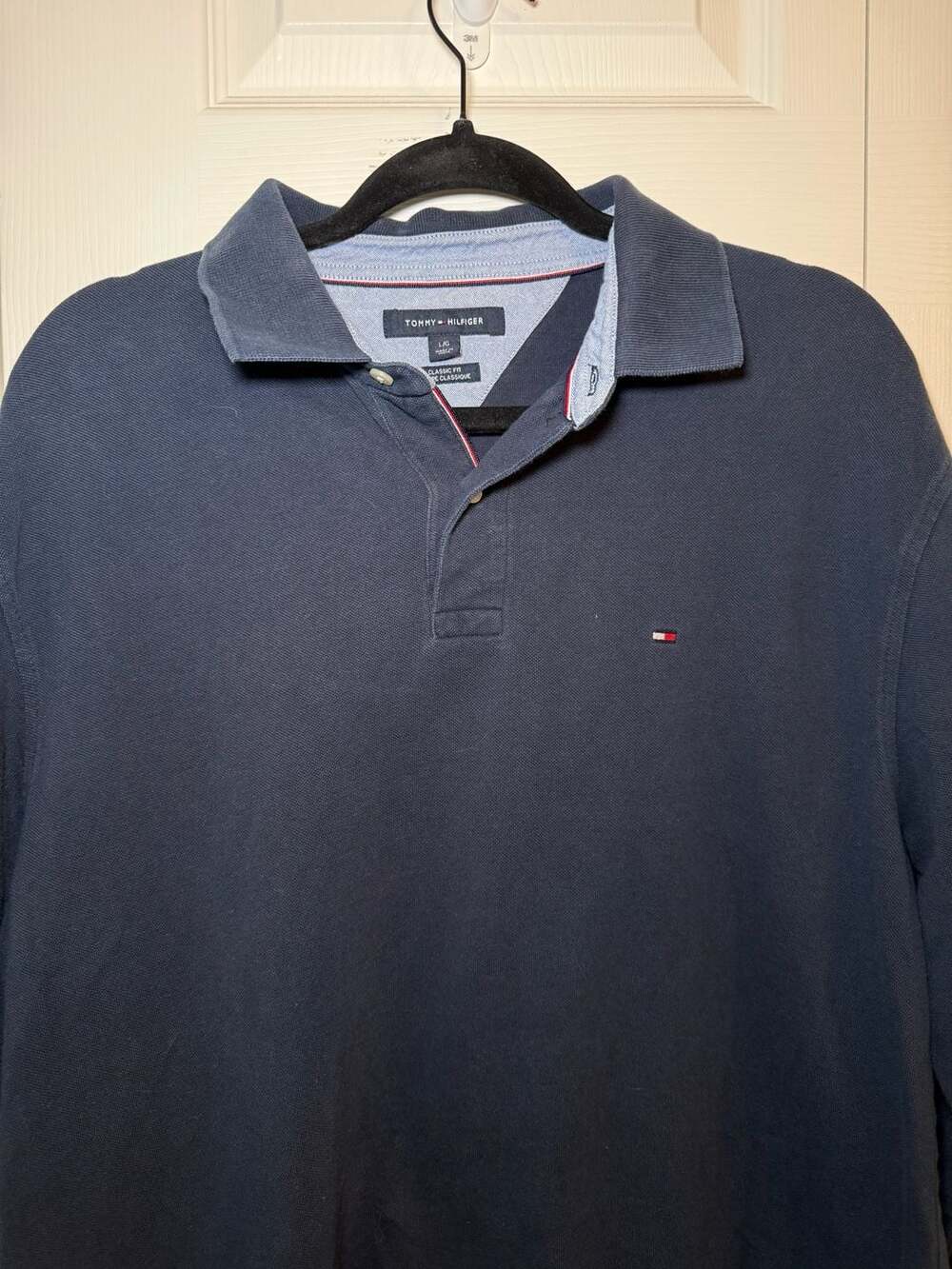 Tommy Hilfiger Classic Fit Long Sleeve Polo Shirt Size L Navy Blue